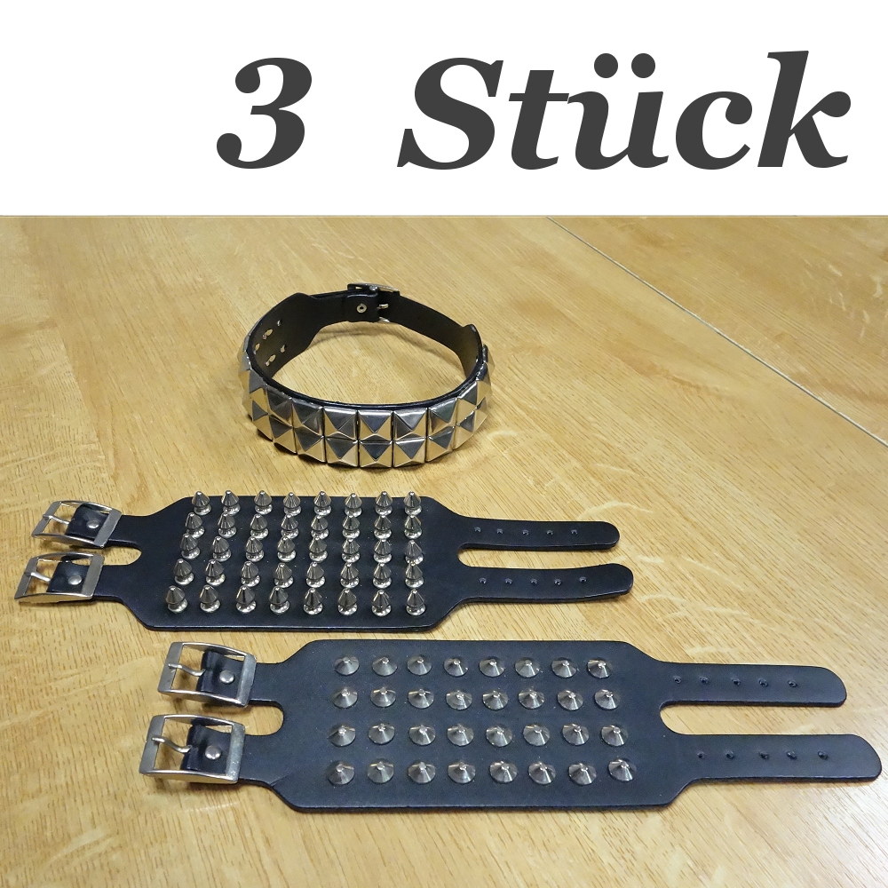 Bild 1 von Restbestand: 2 Stück Nietenarmband (5-reihig / 4-reihig) + 1 Stück Halsband, Pyramiden, 2-reihig