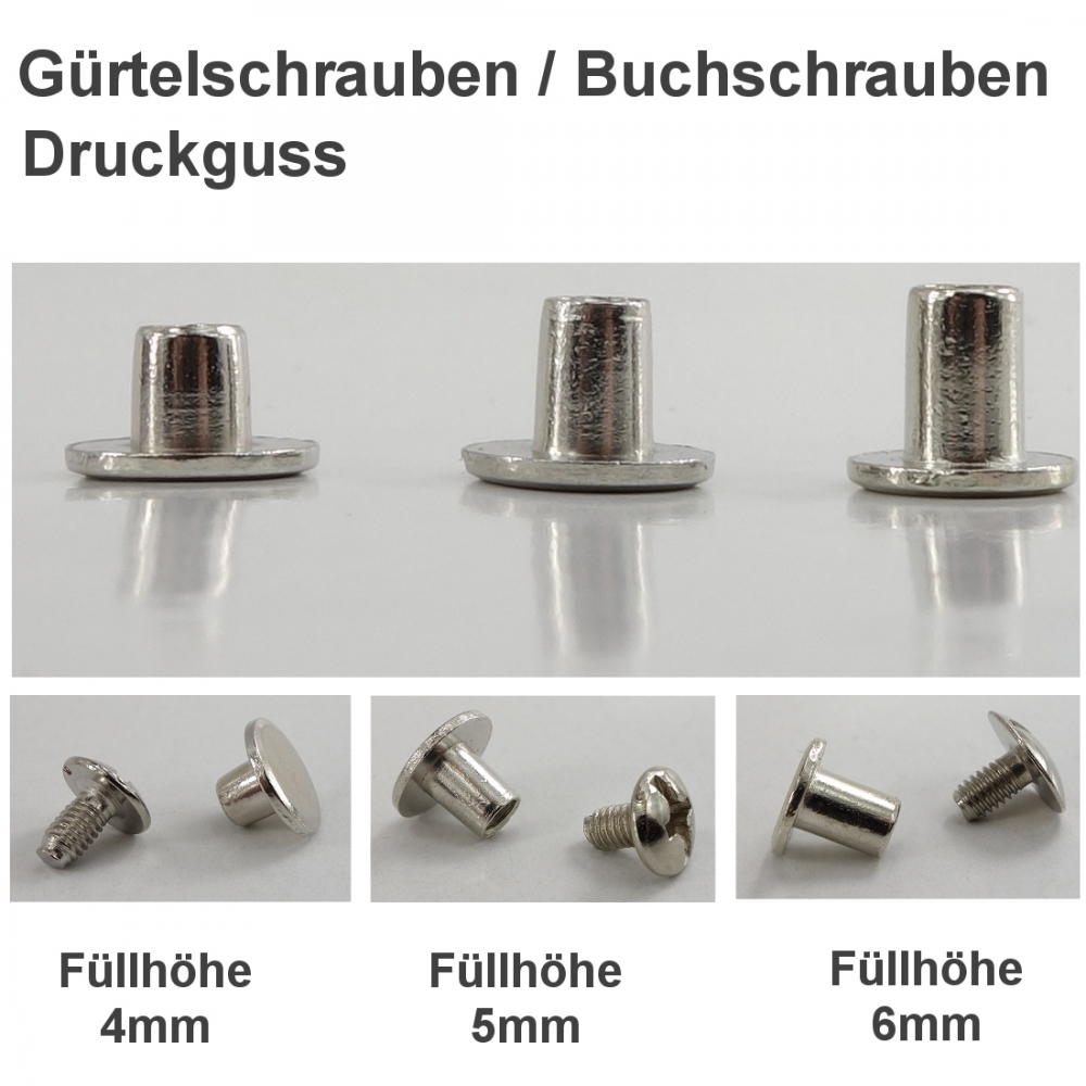 Bild 1 von Zubehör: 30 Stück Gürtelschrauben >> Set:  Füllhöhe 4mm + 5mm + 6mm (Druckguss)