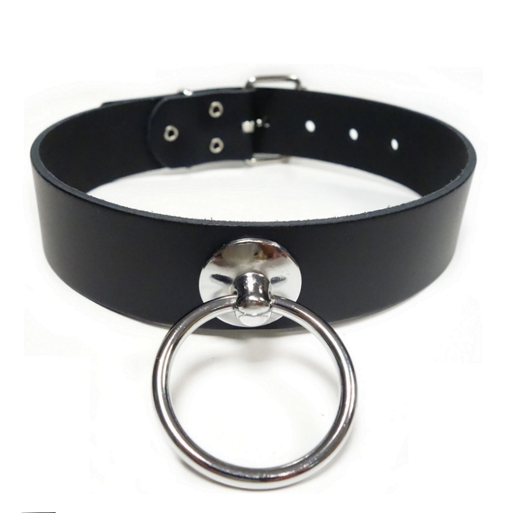 Bild 1 von Halsband in Leder mit Giant O-Ring 35mm - Silber (Echtlederhalsband)